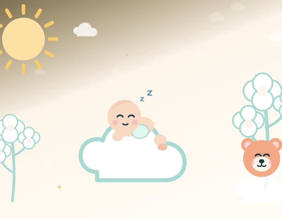 Güneş, pamuk dalları ve bulutta uyuyan bebek — Minelora Kids organik koleksiyon