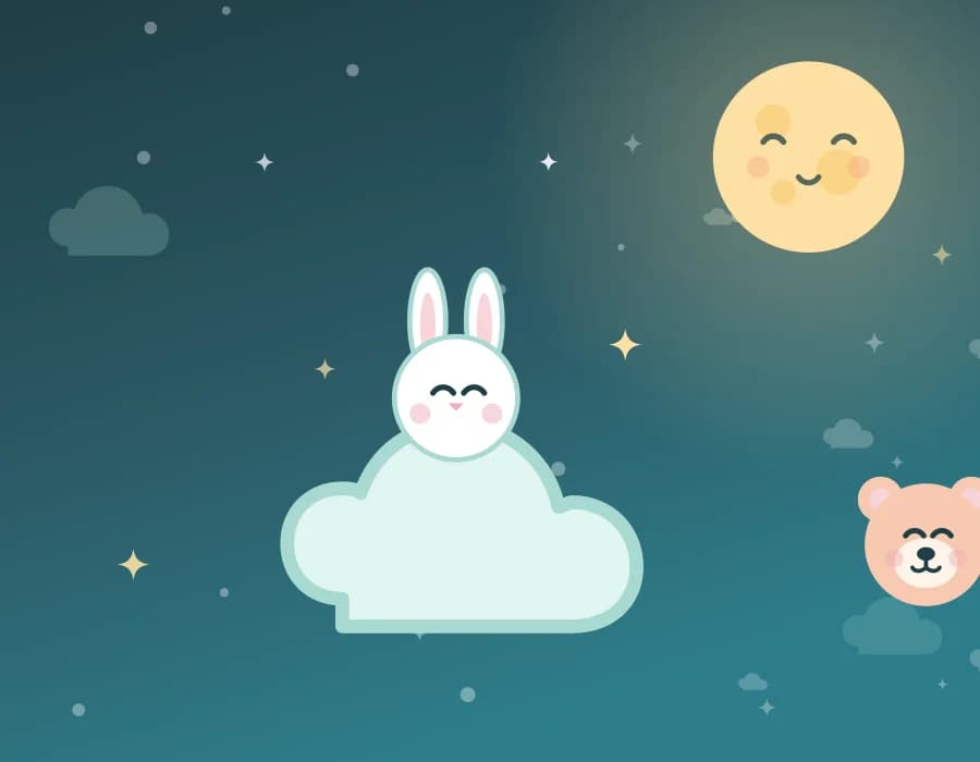 Gece gökyüzünde bulutta uyuyan tavşan illüstrasyonu — Minelora Kids uyku koleksiyonu